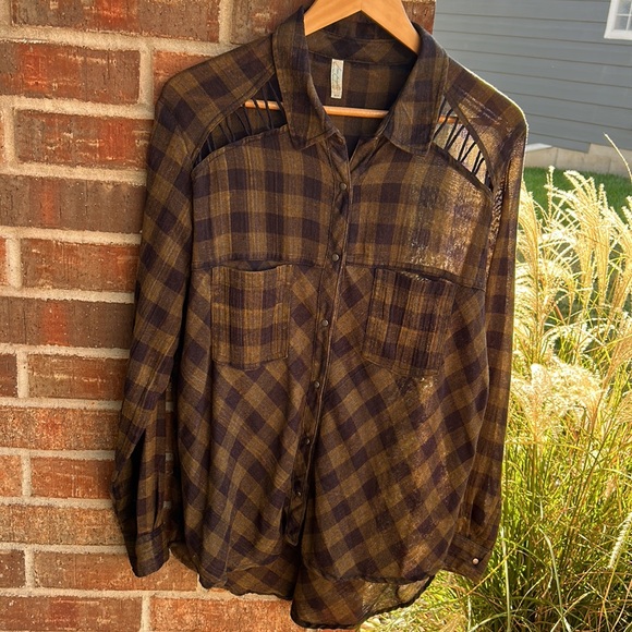 FREE PEOPLE Ladies M Cut Out Check Print Hi-Lo Snap Button Front Blouse - Picture 3 of 10